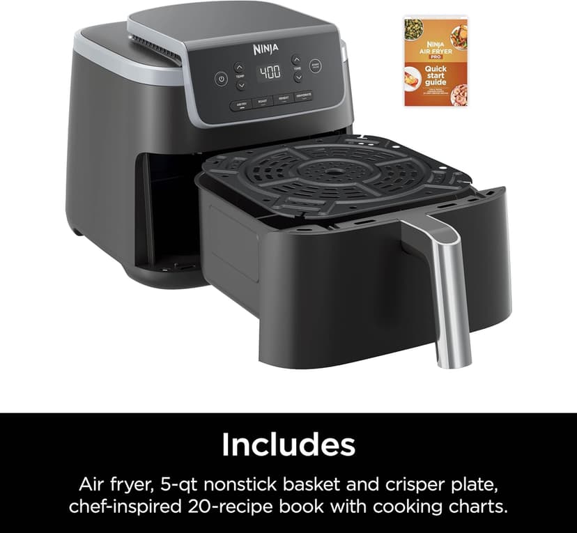 Ninja Air Fryer Pro 4-in-1 with 5 QT Capacity, Air Fry, Roast, Reheat, Dehydrate, Air Crisp Technology with 400F for hot, 120 Volts, Nonstick Basket & Crisper Plate, Grey, AF141