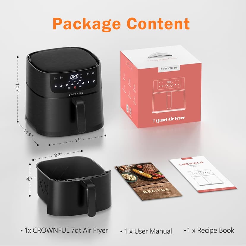 CROWNFUL 7 Quart Air Fryer, Oilless Electric Cooker with 8 Cooking Functions, LCD Digital Touch Screen with Precise Temperature Control, Shake Reminder Function, 1500W, UL Listed-Black