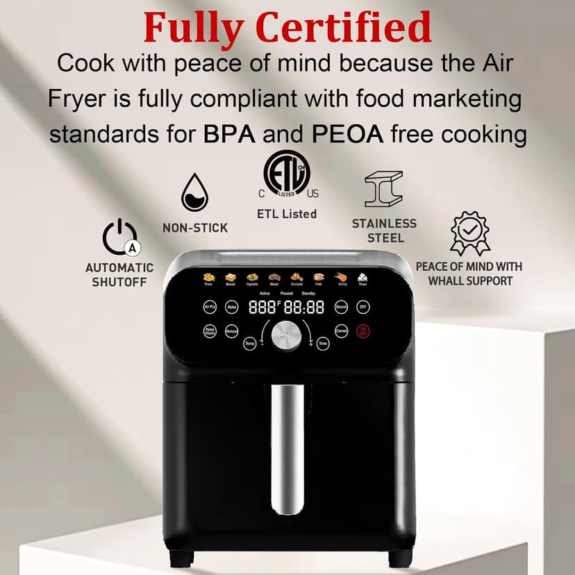 Air Fryer, 6.2QT Air Fryer Oven with LED Digital Touchscreen, 12 Preset Cooking Functions Air fryers, Bake, Reheat, Keep Warm, Nonstick and Dishwasher-Safe Basket, Stainless Steel/Black&Silver