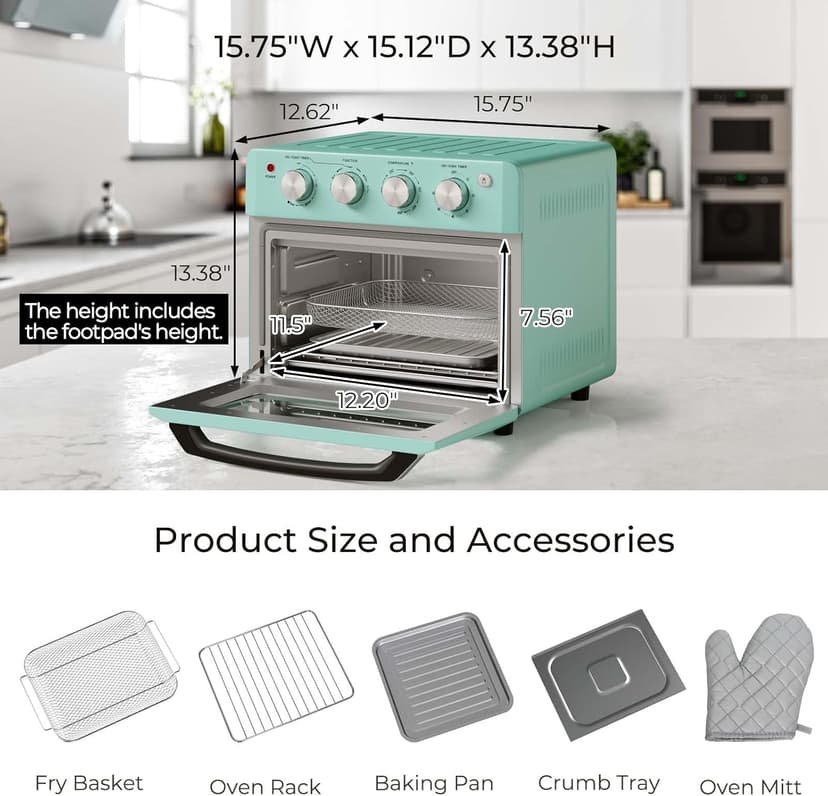 SIMOE 19QT Oven & Toaster, Retro Air Fryer + Convection Toaster Oven, 7 in 1 Combo with Bake, Toast, Broil & Warm Options, 5 Accessories & Recipe Book, Stainless Steel, 1550W, (Turquoise)