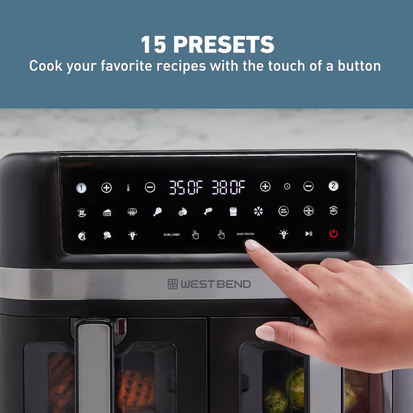 West Bend Air Fryer Dual Basket 10-Quart Capacity with Digital Controls View Windows and 15 Cooking Presets, Nonstick Frying Baskets, Dual Zone Features, 1600-Watts, Black