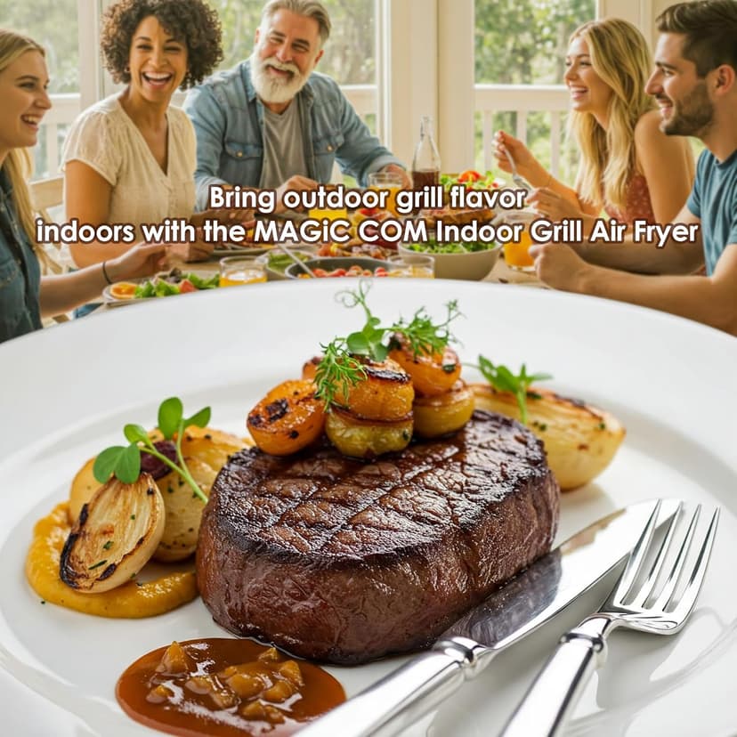 MAGiC COM Indoor Grill and Air Fryer, 7-in-1 Electric Grill with Steak, Roast, Air Crisp, Bake, Dehydrate, Pizza and Reheat. Smart Thermometer, Non-Stick, Dishwasher Safe/Black