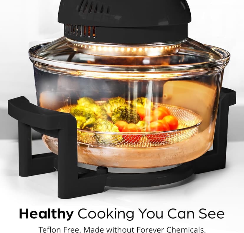16Qt Large Glass Air Fryer Non Toxic – Family Sized Large Halogen Oven Cooker with 3 Cooking Sections, Stainless Steel Racks, French Fries, Chicken, No Preheat, Self Cleaning, Dishwasher Safe