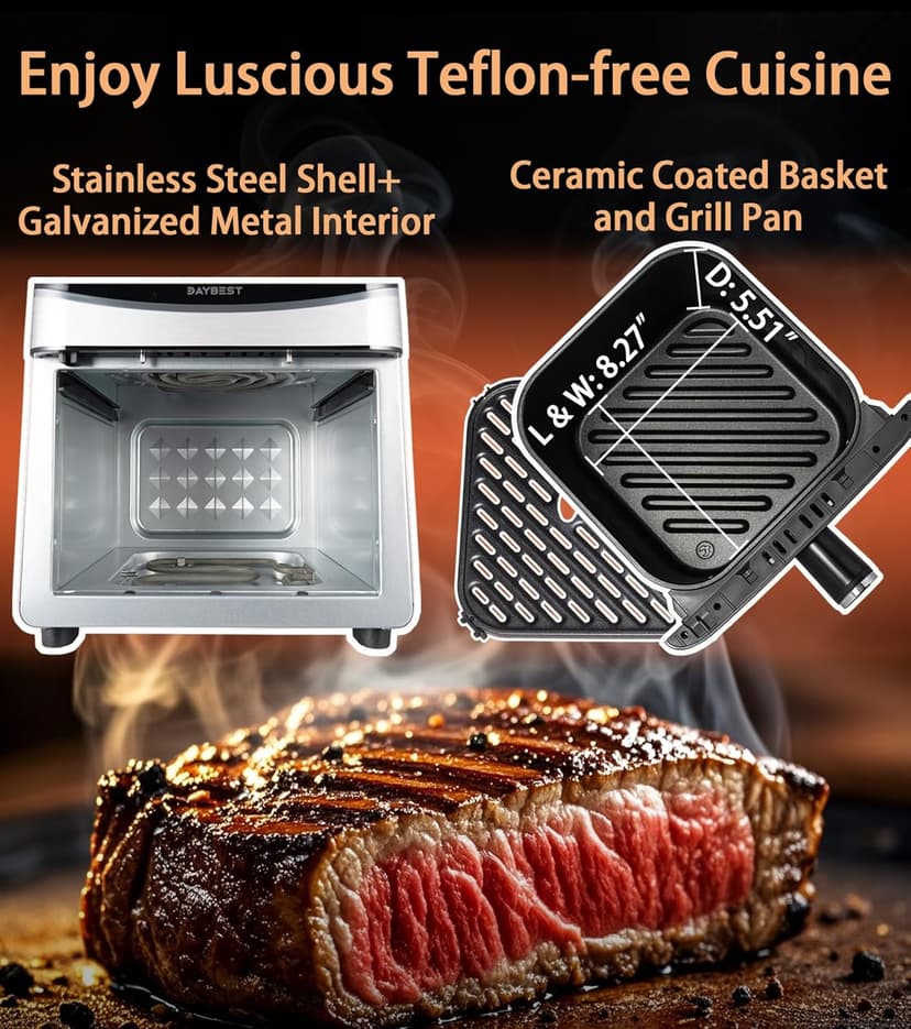 Air Fryer Stainless Steel with Window, DAYBEST 6QT Ceramic Airfryer Non Toxic with Up & Down Heats 1700W Max 450°F, 12 Presets/DIY, Dishwasher Safe Non Stick Basket and Pan (Stainless Steel)
