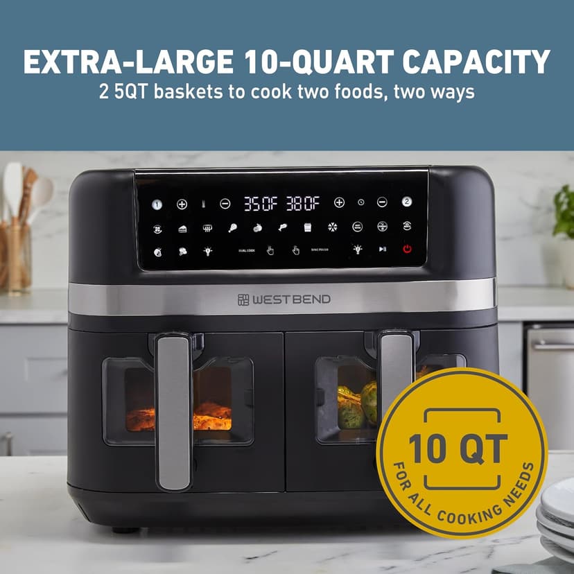 West Bend Air Fryer Dual Basket 10-Quart Capacity with Digital Controls View Windows and 15 Cooking Presets, Nonstick Frying Baskets, Dual Zone Features, 1600-Watts, Black