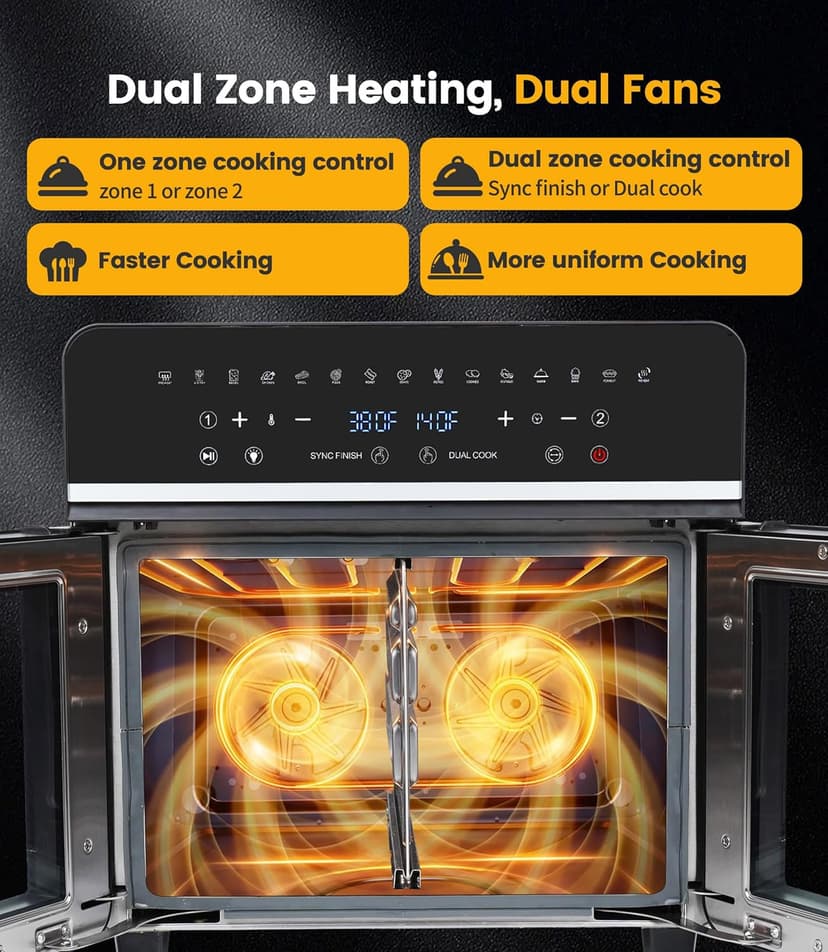24Qt Large Air Fryer Oven French Door 15 in 1 Multi-Function Digital Controls Convection Oven Stainless Steel Dual Zone Electric Oven Toaster Combo with 13 Accessories & Cookbook