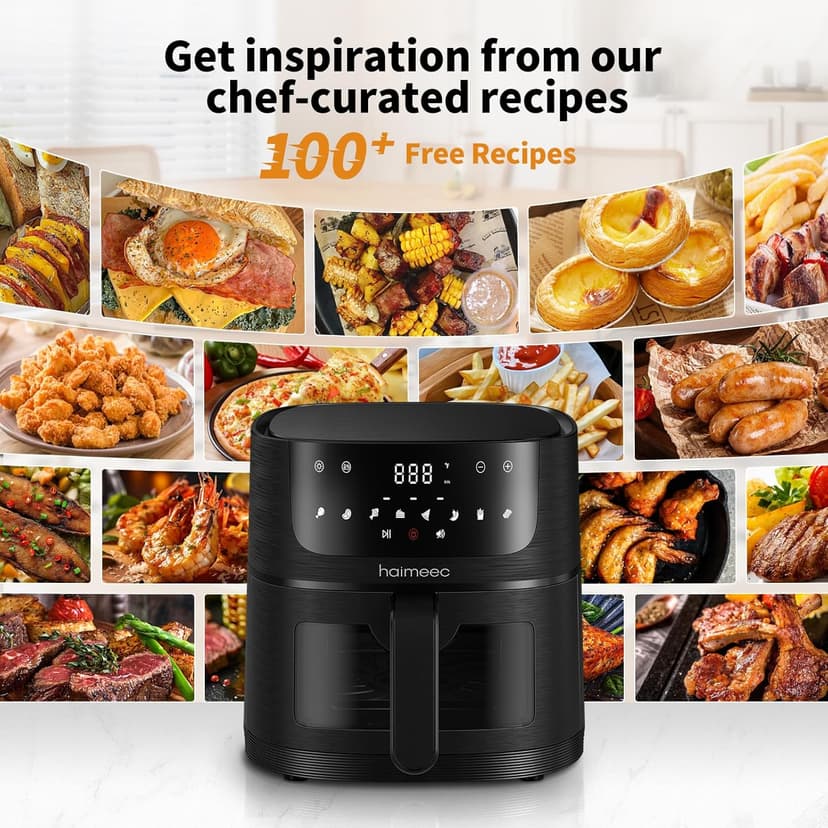 Air Fryer 8-in-1 with 6.3 Qt Capacity and Easy View Windows, Max 400F, 95% Less Oil, 100+ Recipes, Shake Reminder, Nonstick Basket for Roast, Bake, Dehydrate, Reheat, Broil-CT03