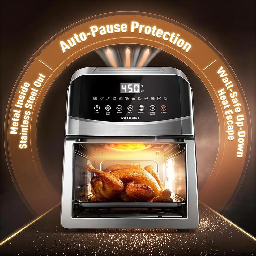 Air Fryer Stainless Steel with Window, DAYBEST 6QT Ceramic Airfryer Non Toxic with Up & Down Heats 1700W Max 450°F, 12 Presets/DIY, Dishwasher Safe Non Stick Basket and Pan (Stainless Steel)