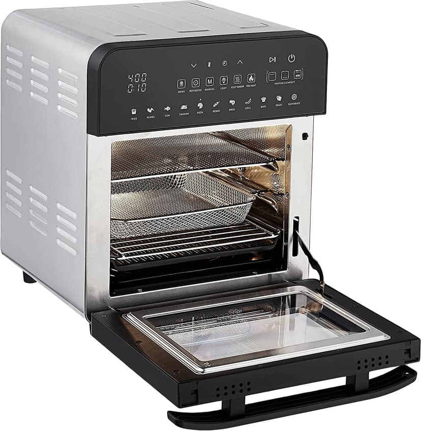 GoWISE USA 14.7-Quart Air Fryer Grill with Dual Heating Elements & Oven with Rotisserie, Dehydrator, Preheat and Broil Functions + 11 Accessories with 2 Recipe Books (Stainless Steel/Black), Ultimate