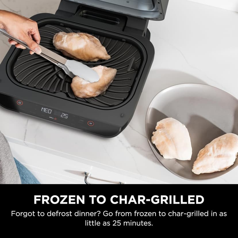 Ninja Indoor Grill, Foodi Smart XL 6-in-1 Indoor Grill with Air Fry, Roast, Bake, Broil & Dehydrate, Smart Thermometer, Black/Silver, FG551