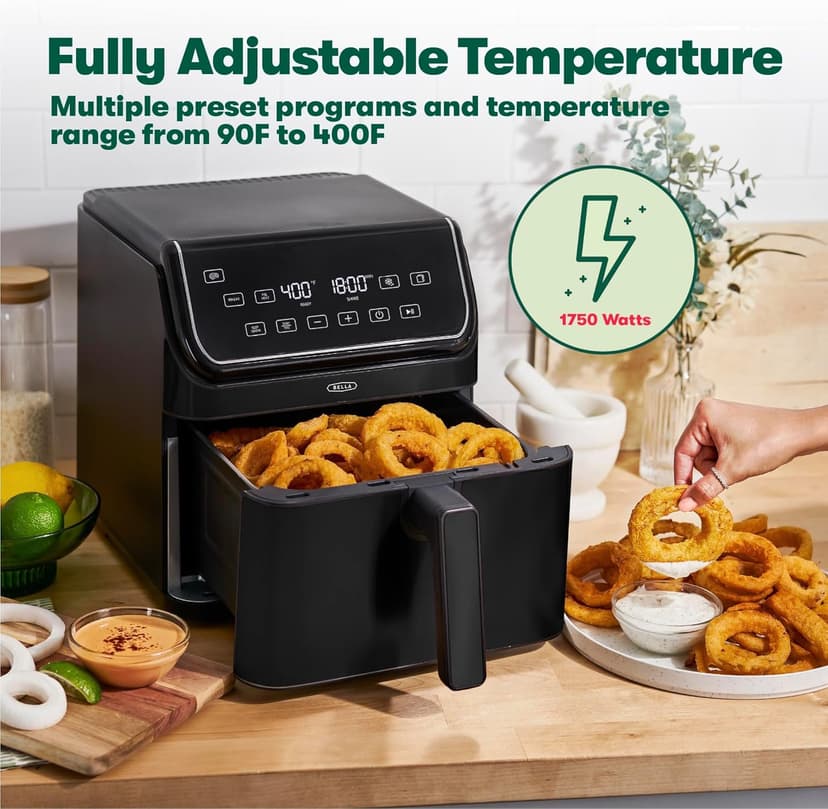 bella 8 Qt Digital Air Fryer with TurboCrisp Technology, Large Family Size Nonstick Cooking Basket and Crisping Tray, Multiple Preset Functions, Auto Shutoff, Black, 1750 Watt