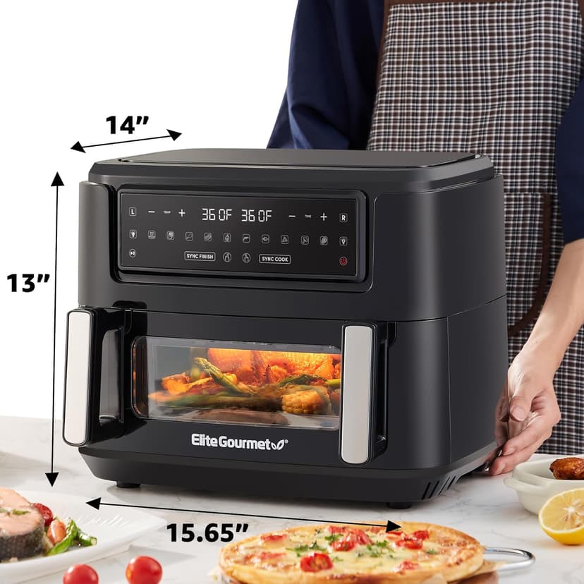 Elite Gourmet EAF1055D Dual Zone Air Fryer Oven, 11QT. Capacity with Divider, Sync Finish, Dishwasher Safe Basket, 10 Preset Functions, 1600-Watts, with Recipe Booklet, Black