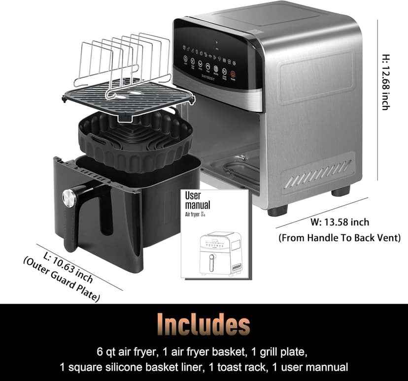 Air Fryer Stainless Steel with Window, DAYBEST 6QT Ceramic Airfryer Non Toxic with Up & Down Heats 1700W Max 450°F, 12 Presets/DIY, Dishwasher Safe Non Stick Basket and Pan (Stainless Steel)