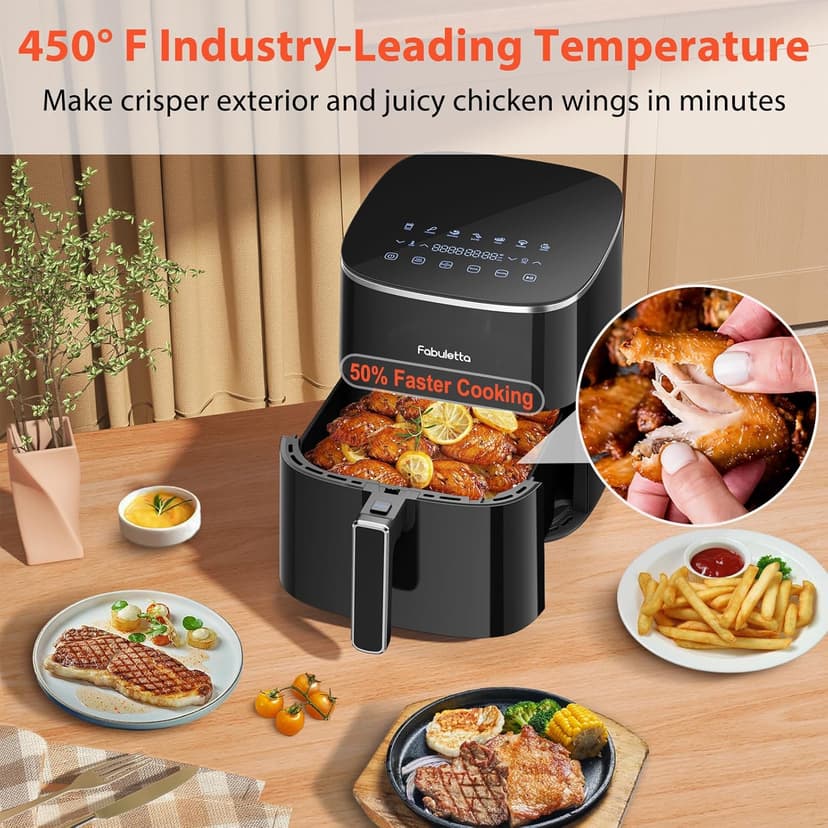 FABULETTA Air Fryer 11-in-1, 6QT Airfryer 450F Max Crisp, Nonstick Basket, Diswasher Safe, Shake Reminder for Roast, Bake, Dry, Reheat, Frozen, Broil, Proof-Black