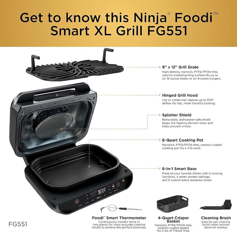 Ninja Indoor Grill, Foodi Smart XL 6-in-1 Indoor Grill with Air Fry, Roast, Bake, Broil & Dehydrate, Smart Thermometer, Black/Silver, FG551