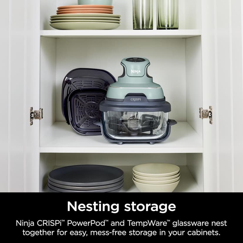 Ninja Crispi Air Fryer, Microwave, Freezer & Dishwasher Safe, Non Toxic Glass Portable Cooking System, 4 QT & 6 Cup Glass Containers with Storage Lids, Easy Meals, Air Fry, Bake, Green, FN101SG