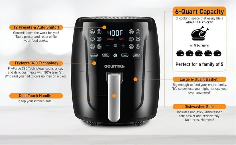 Gourmia Air Fryer Oven Digital Display 6 Quart Large AirFryer Cooker 12 1-Touch Cooking Presets, XL Air Fryer Basket 1500w Power Multifunction Black and Stainless Steel Accents FRY FORCE GAF686