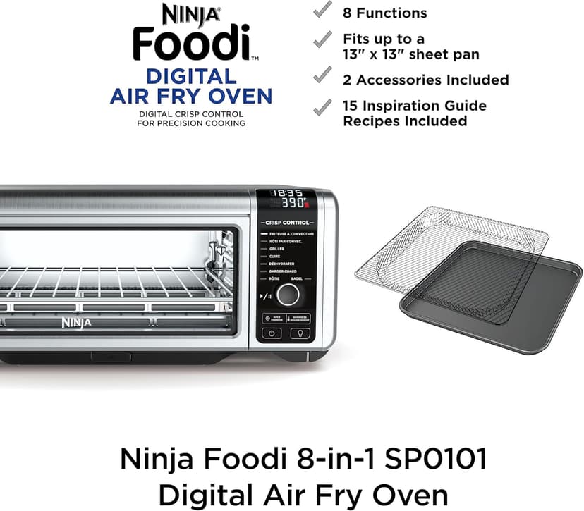 Ninja SP101 Digital Air Fry Countertop Oven with 8-in-1 Functionality, Flip Up & Away Capability for Storage Space, with Air Fry Basket, Wire Rack & Crumb Tray, Silver