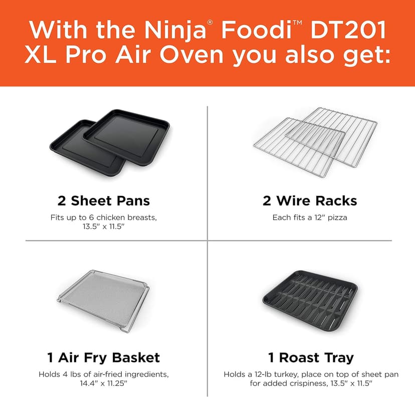 Ninja Air Fryer and Toaster Oven, Foodi Series, XL Pro Air Oven Kitchen Countertop Convection, 10-in-1 Functions, Fits a 5-lb Chicken and Sheet Pan of Vegetables, 1800 Watts, Stainless Steel, DT201