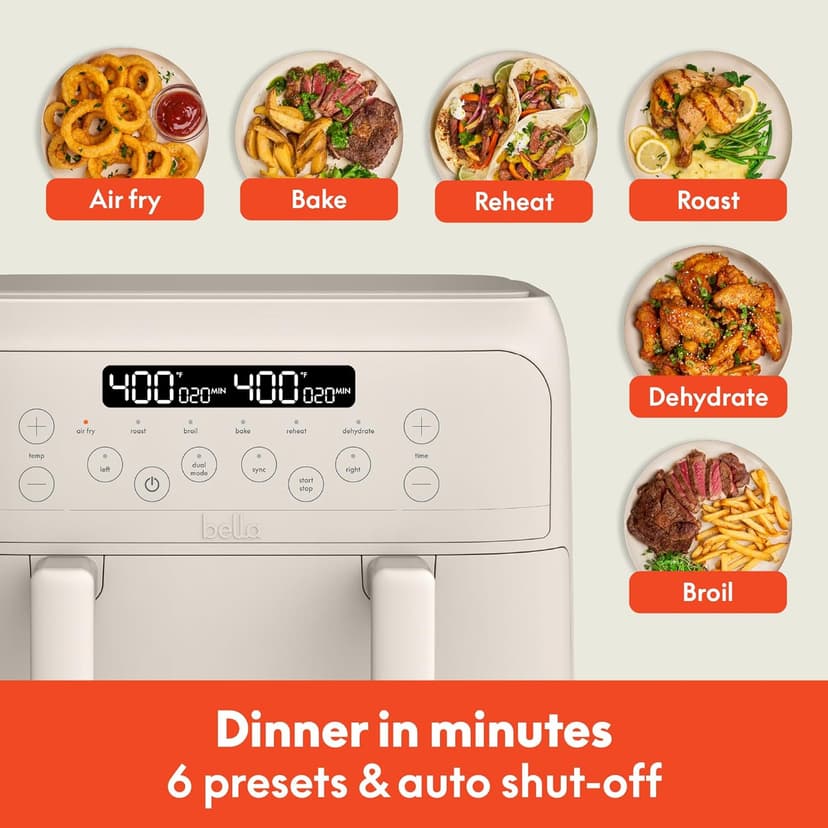 bella 4 Qt TriZone Air Fryer, EverGood™ Ceramic Nonstick Coating, Dual Basket Design w Removable Divider, Digital Touchscreen Control w 6 Preset Cooking Options, 1200 Watt, 3lb Capacity, Oatmilk