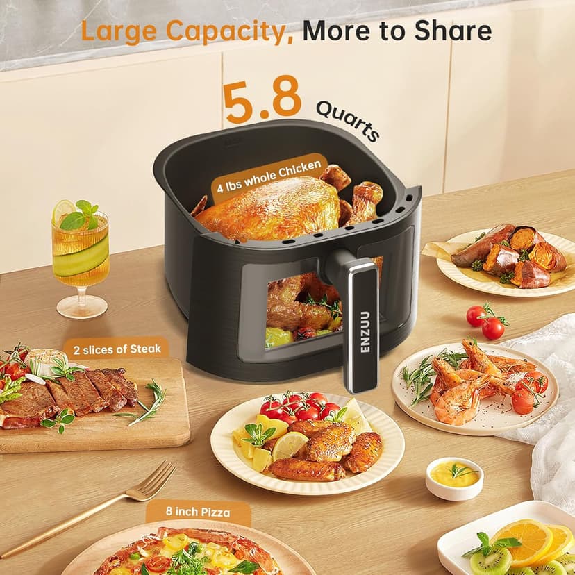 Air Fryer 11-in-1, Large 5.8 QT Airfryer with Easy View Windows, MAX 450℉ for Crispy, 85% Less Oil, Fast Roast, Preheat, Shake, Bake, Frozen, Non-Stick Basket for Easy Clean, With Professional Recipes