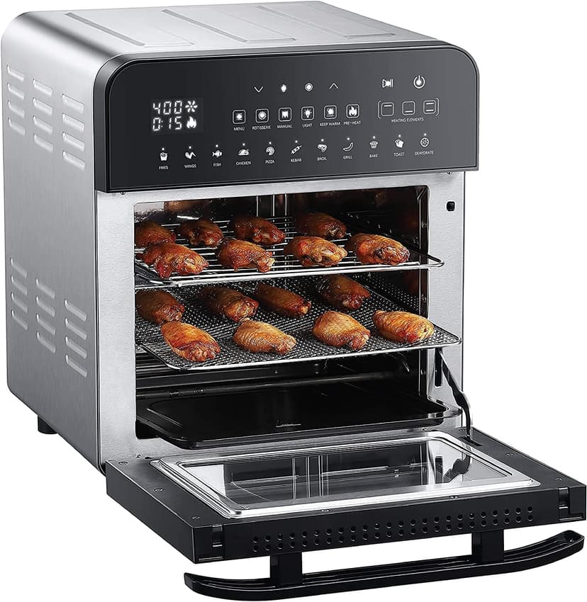 GoWISE USA 14.7-Quart Air Fryer Grill with Dual Heating Elements & Oven with Rotisserie, Dehydrator, Preheat and Broil Functions + 11 Accessories with 2 Recipe Books (Stainless Steel/Black), Ultimate