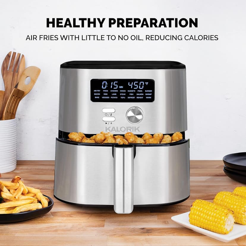 Kalorik MAXX® Digital Air Fryer FT 47823 BKSS | 6-Quart Oilless Air Fryer with 7 Cooking Functions | LED Display | 21 Smart Presets | 5 Dishwasher-Safe Accessories & Bonus Recipe Book | Nonstick Air Frying Basket | 1750W | Stainless Steel & Black