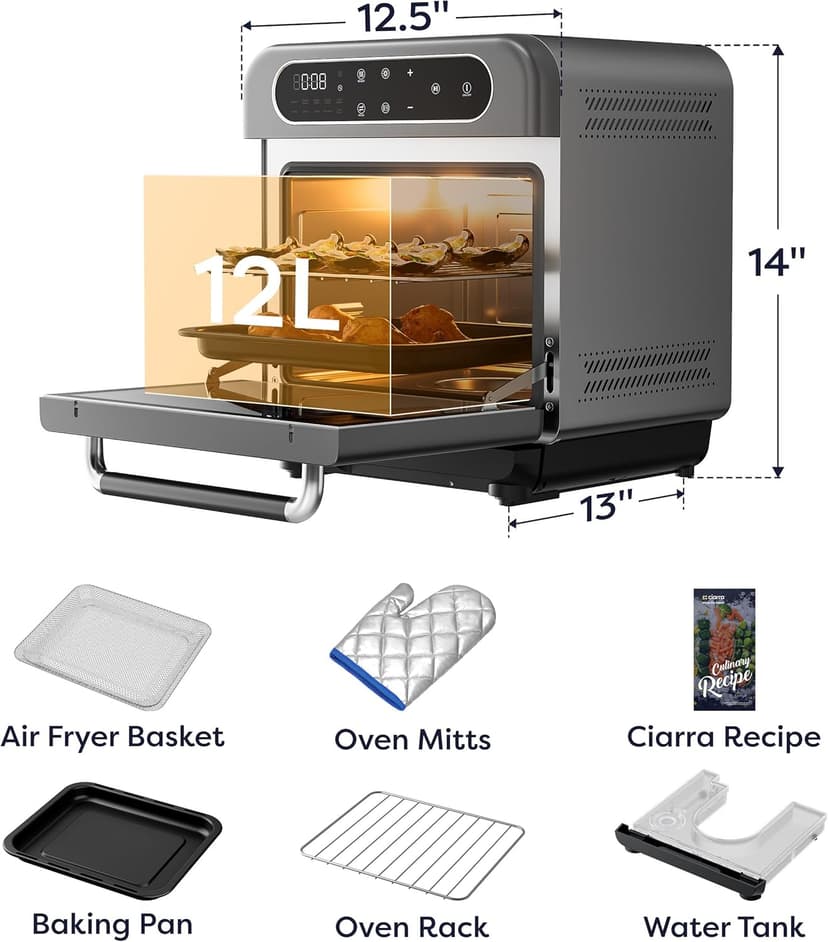 CIARRA Steam Oven Countertop with Air Fryer, 8 in 1 12L Mini Convection Oven with Steam, Rapid Steam, Air Fry, Vapor Bake, Steam Clean, Bake, Dried, Ferment, Grey