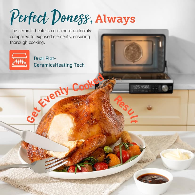 COSORI Ceramic Air Fryer Toaster Oven Combo, 11-in-1 Flat-Sealed Heating Elements for Easy Cleanup, Innovative Burner Function, 6 Accessories & Recipes, 26QT, Silver, Stainless Steel