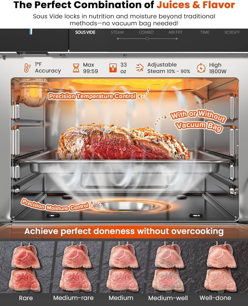 Nuwave Combi Steam Oven, 16Qt All-in-One Stainless Steel Multi-Cooker: Air Fry, Toast, Steam, Sous Vide & More, Precise 50-450°F, Adjustable Moisture, 120 Presets, Programmable Memories, Easy to Clean