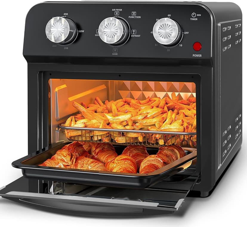 PlumChef 13 Quart 4 Slices Air Fryer Convection Toaster Oven, 1500W, 7 in 1 Multifunction with Roast, Bake, Grill, Broil, Toast, Dehydrate, Defrost (Dark Black)