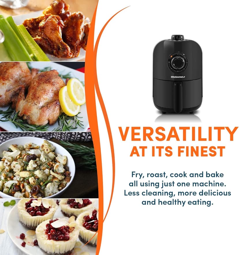 Elite Gourmet EAF-1121X Personal 1.1 Qt. Compact Space Saving Electric Hot Air Fryer Oil-Less Healthy Cooker, Timer & Temperature Controls, 1000W Black