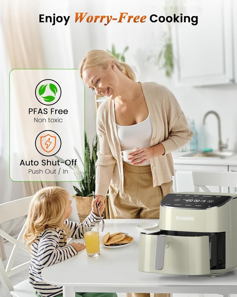 Nuwave Brio Plus Air Fryer 8 Qt, New & Improved, PFAS-FREE, 7 Digital One-Touch Cook Functions that AIR FRY, BAKE, ROAST, DEHYDRATE, TOAST, REHEAT, PREHEAT, 150 Presets, 50°F-400°F, 700/1500/1800W