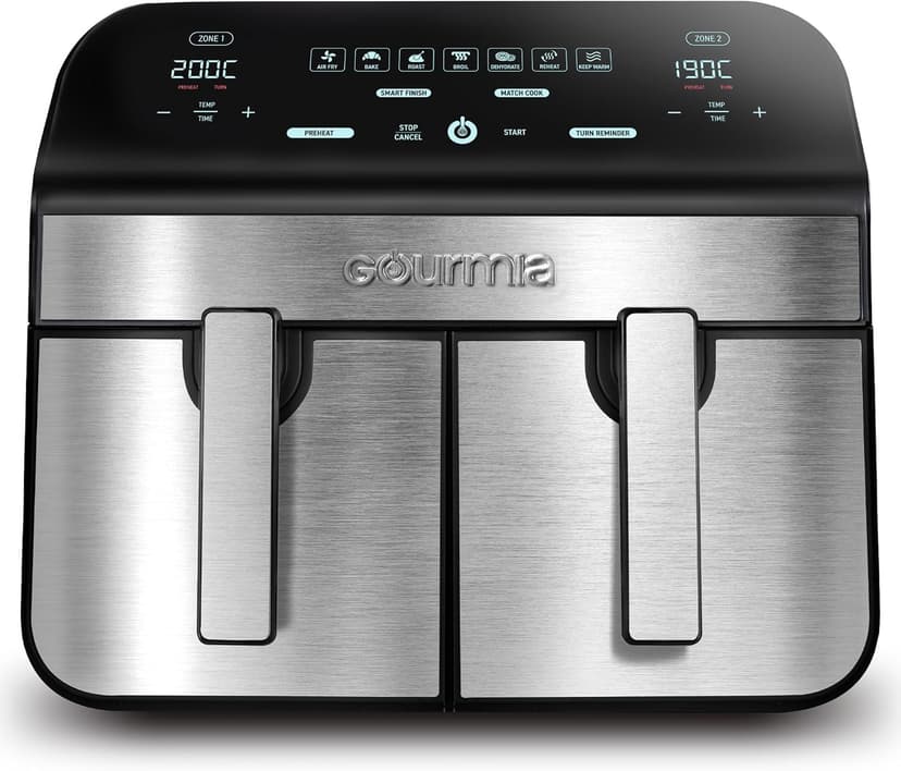 Gourmia 10-Quart/9.4 Liter Capacity Dual Basket Digital Air Fryer, with Smart Finish & 7 Cooking Functions