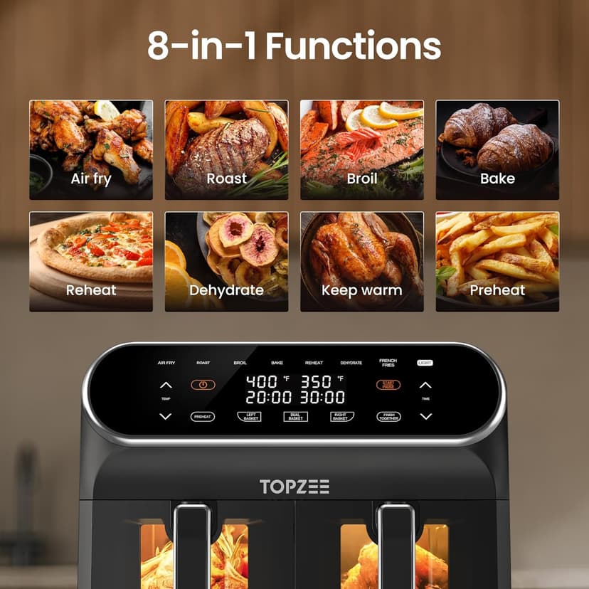 8-QT Large Air Fryer - Dual Basket Airfryer with Easy View Windows, Preheat, Air Fry, Roast, Broil, Bake, Dehydrate, 2 Independent 4 QT Nonstick Dishwasher Safe Baskets, Black