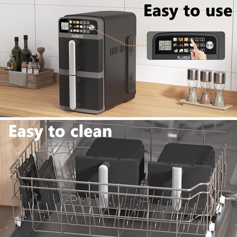 10-QT Dual Large Air Fryer, XL 2-Basket Air Fryer, 10-in-1 Technology Double Cooks 4 Foods at Once, Smart Finish & Match Cook, Air Fry, Broil,Bake, Easy Meals, Easy Clean and Dishwasher Safe, Black.