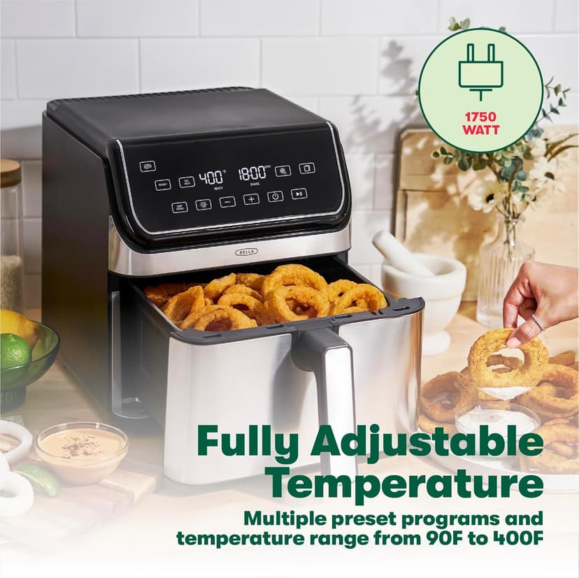 bella 8 Qt Digital Air Fryer with TurboCrisp Technology, Large Family Size Nonstick Cooking Basket and Crisping Tray, Multiple Preset Functions, Auto Shutoff, Stainless Steel, 1750 Watt