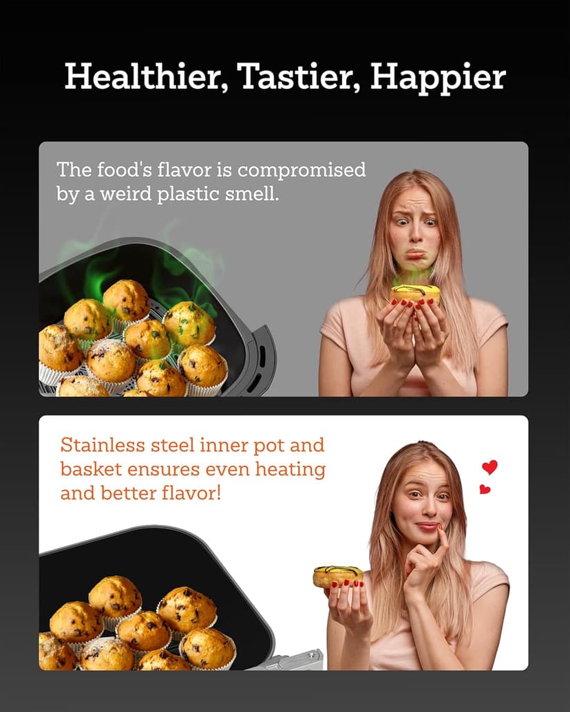 Air Fryer, 6 Qt, Stainless Steel Air Fryer, Stainless Steel Housing& Full Metal Inner Pot, Ceramic Glaze, PTFE and PFAS Free, 9 Digital One-Touch Cook Functions,120°F~450°F, 1700W