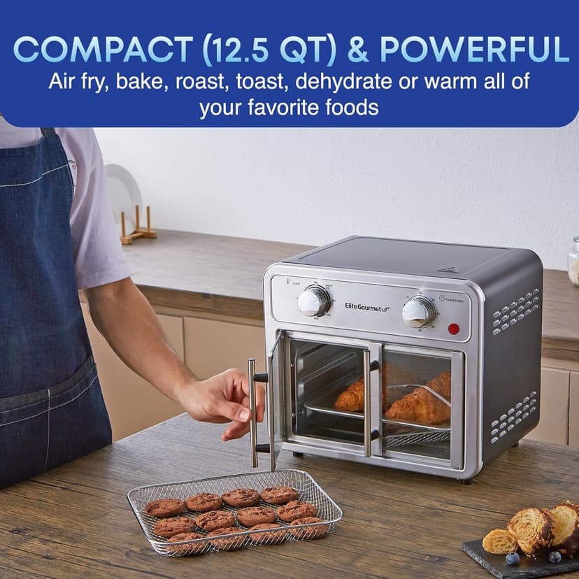 Elite Gourmet EAF1222SS Air Fryer Oven Double French Doors, Bake, Grill, Roast, Broil, Rotisserie, Toast, Warm, Air Fry, Dehydrate, 1500 Watts, with 25 Recipes, 12L. Capacity, Stainless Steel