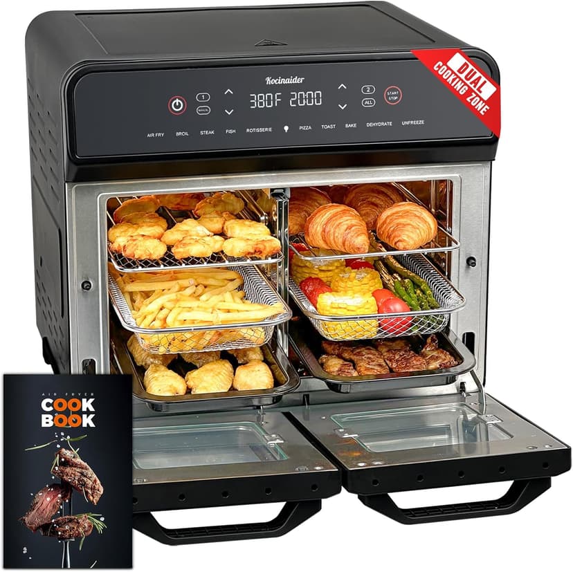 24Qt Dual Zone Air Fryer Oven with Rotisserie, Large Double Air Fryers Mini Oven Digital 1800W 10 in 1 Airfryer Countertop Convection Oven Electric and Grill, Stainless Steel Inner, 360° Even Heating