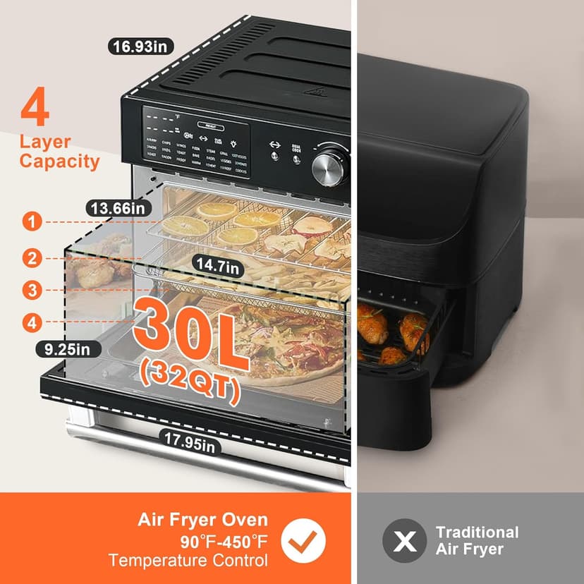 Kitchen in the box 32QT Extra Large Air Fryer Toaster Oven Combo, 21-in-1 Countertop Convection Toaster Oven with Rotisserie and Dehydrate, 6 Accessories, 1800W Dual Cook Preset (Classic Black)