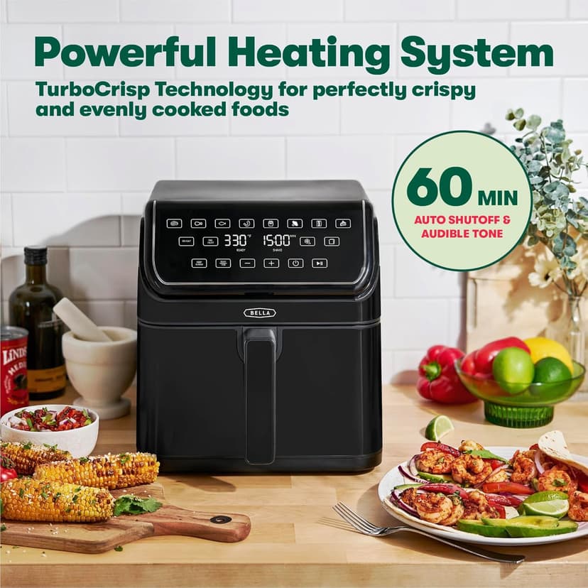 bella 8 Qt Digital Air Fryer with TurboCrisp Technology, Large Family Size Nonstick Cooking Basket and Crisping Tray, Multiple Preset Functions, Auto Shutoff, Black, 1750 Watt