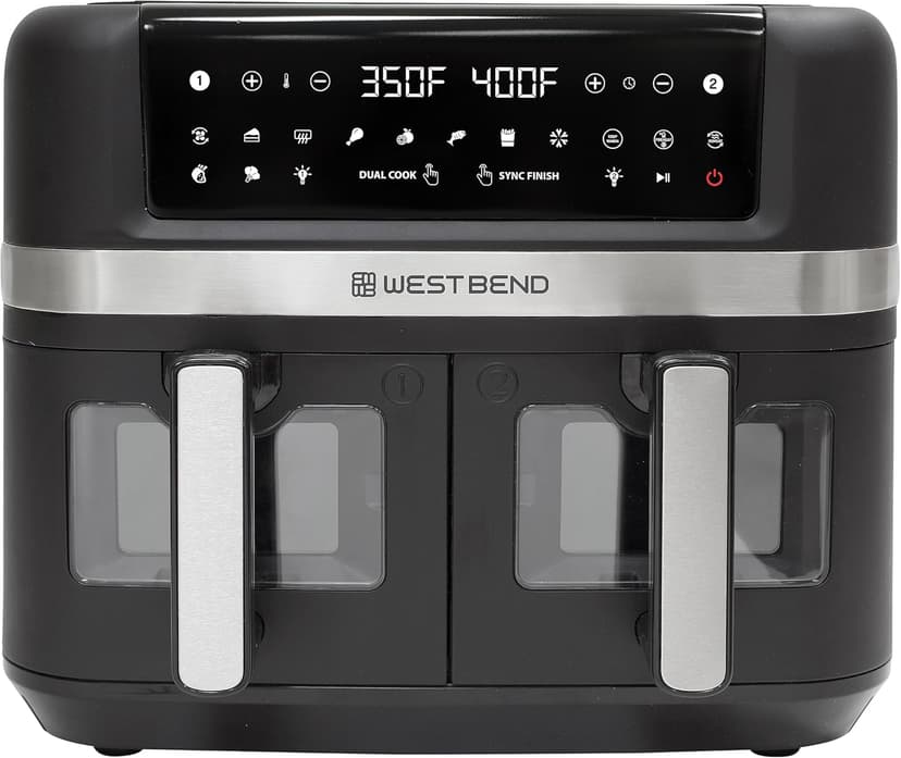 West Bend Air Fryer Dual Basket 10-Quart Capacity with Digital Controls View Windows and 15 Cooking Presets, Nonstick Frying Baskets, Dual Zone Features, 1600-Watts, Black