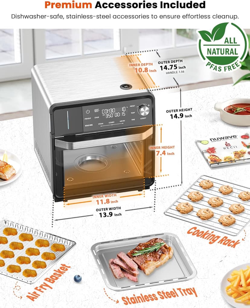 Nuwave Combi Steam Oven, 16Qt All-in-One Stainless Steel Multi-Cooker: Air Fry, Toast, Steam, Sous Vide & More, Precise 50-450°F, Adjustable Moisture, 120 Presets, Programmable Memories, Easy to Clean