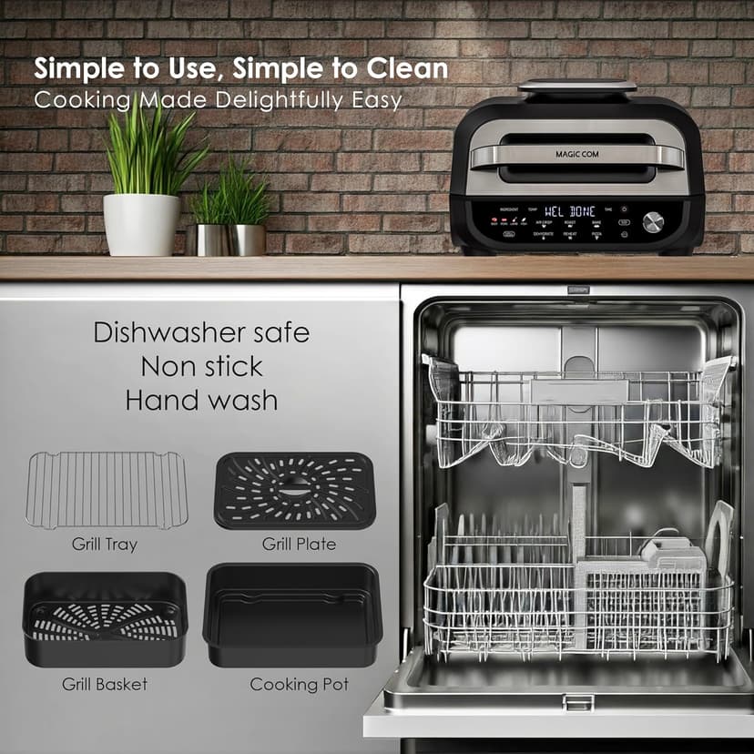 MAGiC COM Indoor Grill and Air Fryer, 7-in-1 Electric Grill with Steak, Roast, Air Crisp, Bake, Dehydrate, Pizza and Reheat. Smart Thermometer, Non-Stick, Dishwasher Safe/Black