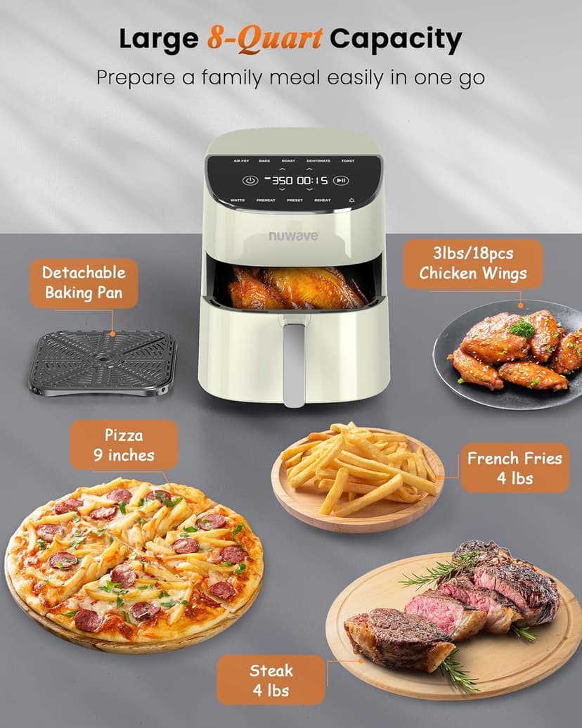 Nuwave Brio Plus Air Fryer 8 Qt, New & Improved, PFAS-FREE, 7 Digital One-Touch Cook Functions that AIR FRY, BAKE, ROAST, DEHYDRATE, TOAST, REHEAT, PREHEAT, 150 Presets, 50°F-400°F, 700/1500/1800W