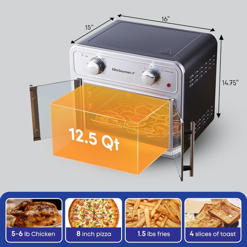 Elite Gourmet EAF1222SS Air Fryer Oven Double French Doors, Bake, Grill, Roast, Broil, Rotisserie, Toast, Warm, Air Fry, Dehydrate, 1500 Watts, with 25 Recipes, 12L. Capacity, Stainless Steel