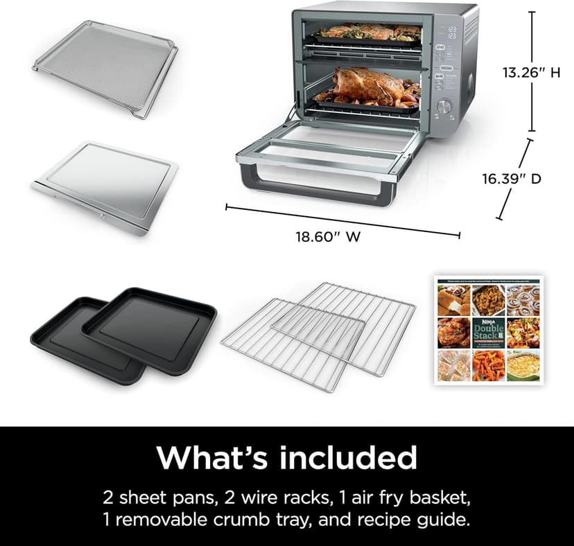 Ninja Air Fryer & Toaster Oven, Double Stack XL, Countertop Oven, 12-in-1 Fits 4.5lb Chicken, Pizza, Bagel, 6lbs of Wings, SmartFinish Cook 2 Different Meals at the Same Time, Stainless Steel, DCT601