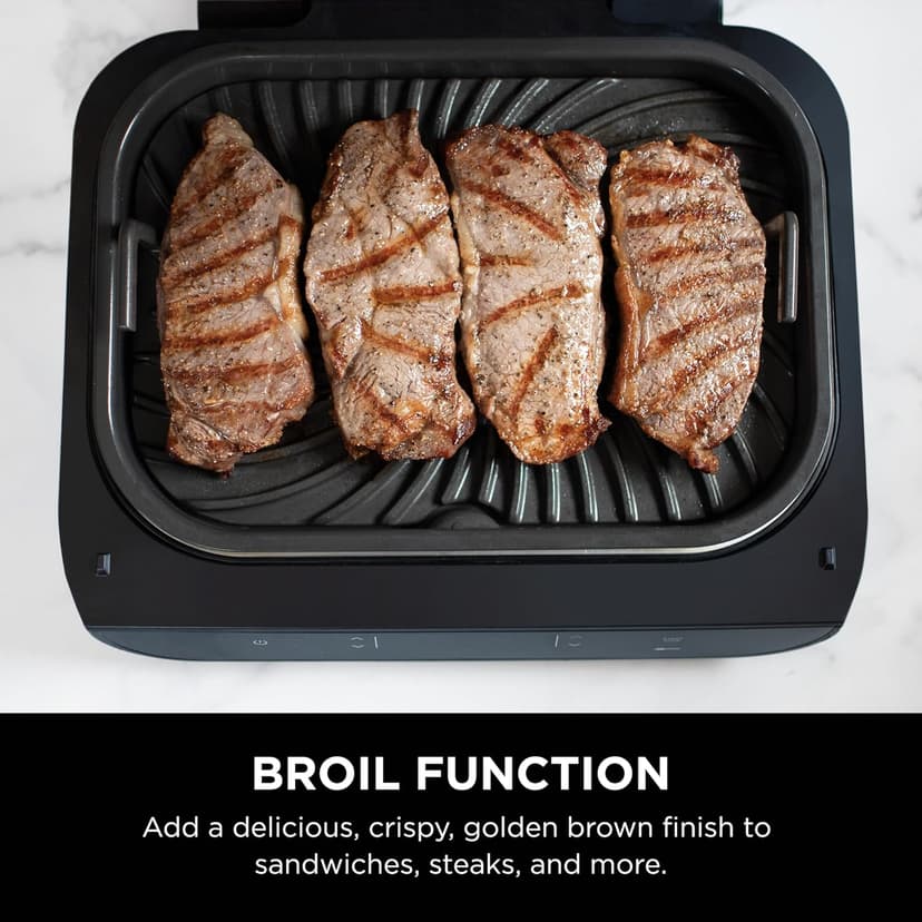 Ninja Indoor Grill, Foodi Smart XL 6-in-1 Indoor Grill with Air Fry, Roast, Bake, Broil & Dehydrate, Smart Thermometer, Black/Silver, FG551