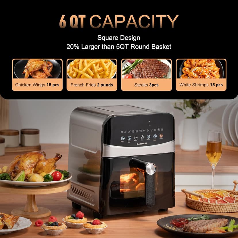 Air Fryer Stainless Steel with Window, DAYBEST 6QT Ceramic Airfryer Non Toxic with Up & Down Heats 1700W Max 450°F, 12 Presets/DIY, Dishwasher Safe Non Stick Basket and Pan (Stainless Steel)